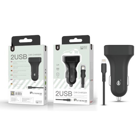 ONE PLUS A6262 CAR LIGHTER CHARGER WITH IP6 / 7/8 / XS / XR CABLE, 2USB, 2.4A PRETO ( 2002181 )